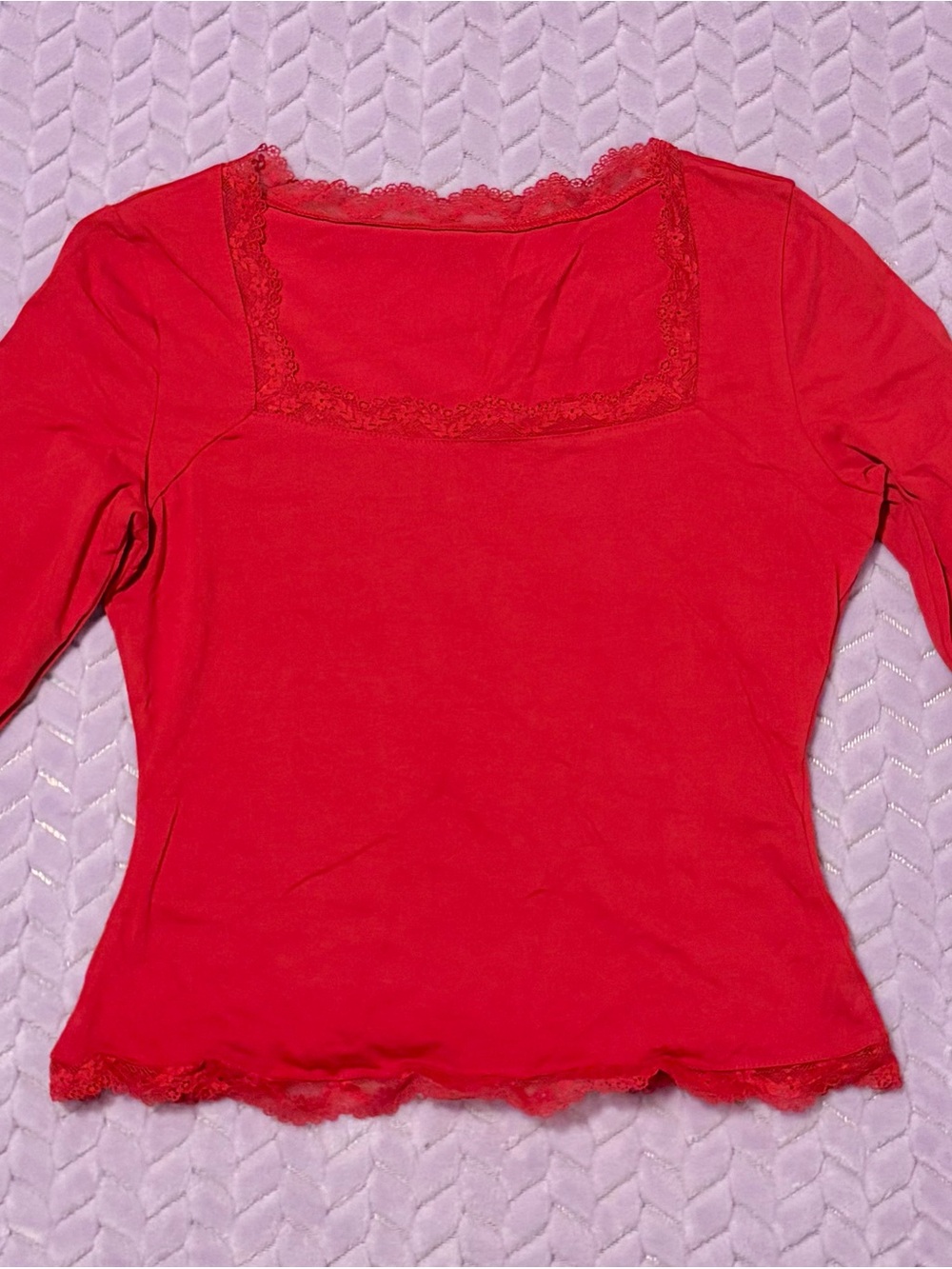 No brand, Women's Red Lace Trim Long-Sleeve Camisole Top